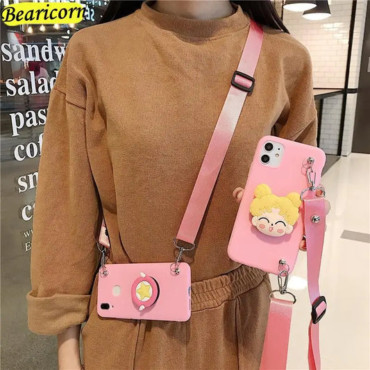 Cartoon Stand Holder Phone Case with Crossbody Necklace Strap