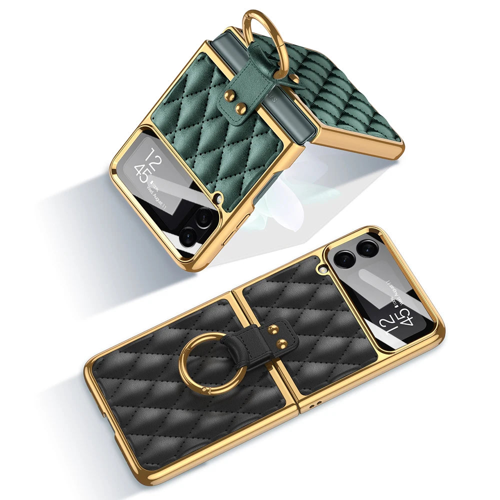 Z Flip Luxury Ring Holder Plating Leather Case