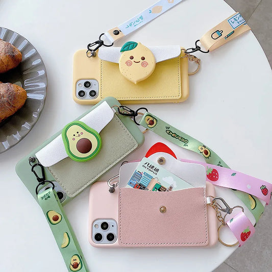 Cartoon Leather Wallet case with Crossbody Necklace Strap