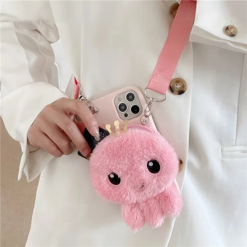 3D Plush Octopus Coin Purse Case with Lanyard