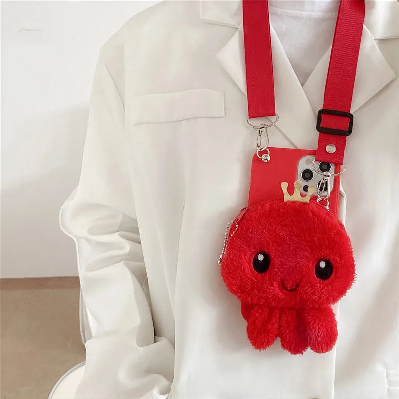 3D Plush Octopus Coin Purse Case with Lanyard