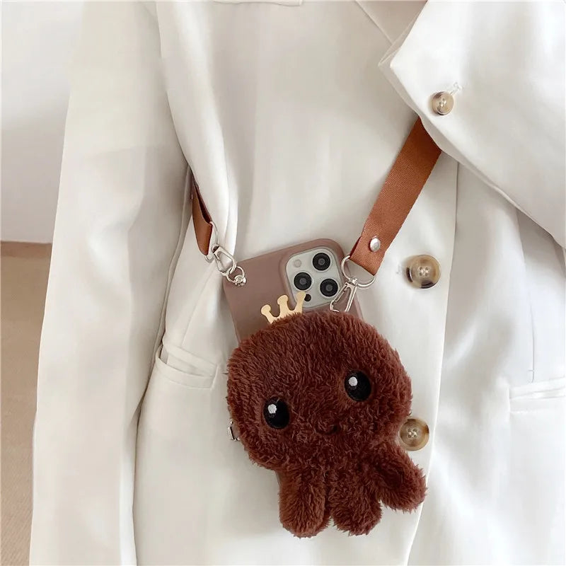 3D Plush Octopus Coin Purse Case with Lanyard