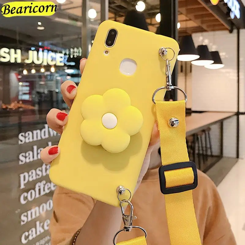 Cartoon Stand Holder Phone Case with Crossbody Necklace Strap