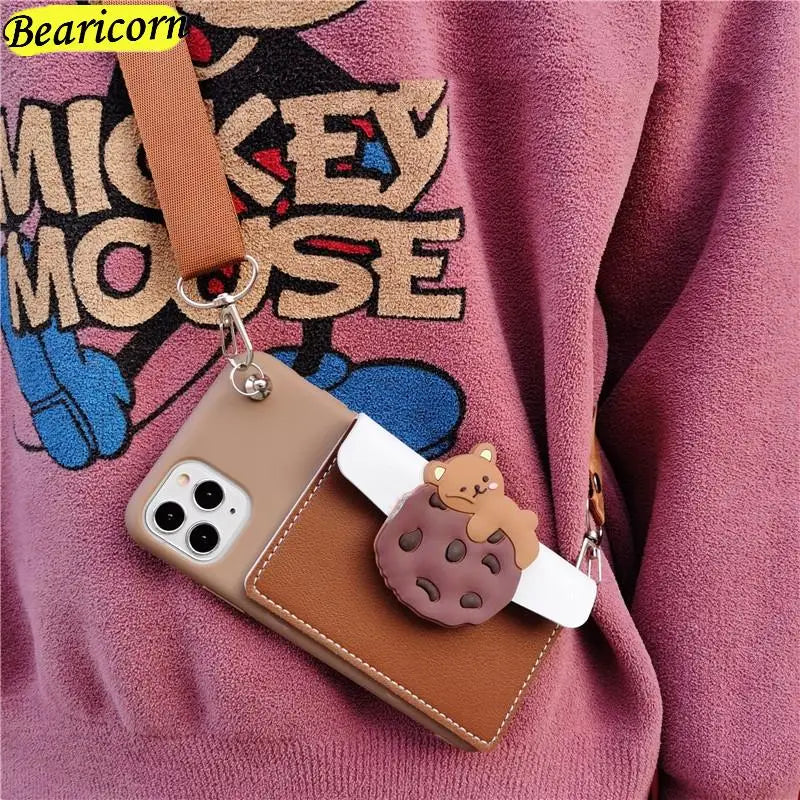 Cartoon Leather Wallet case with Crossbody Necklace Strap