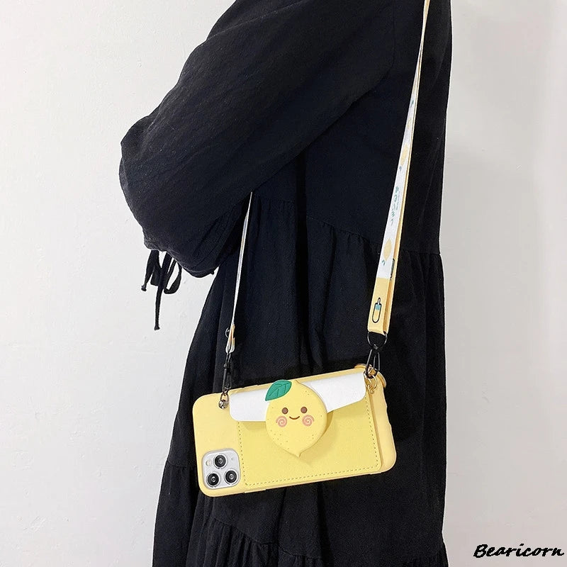 Cartoon Leather Wallet case with Crossbody Necklace Strap