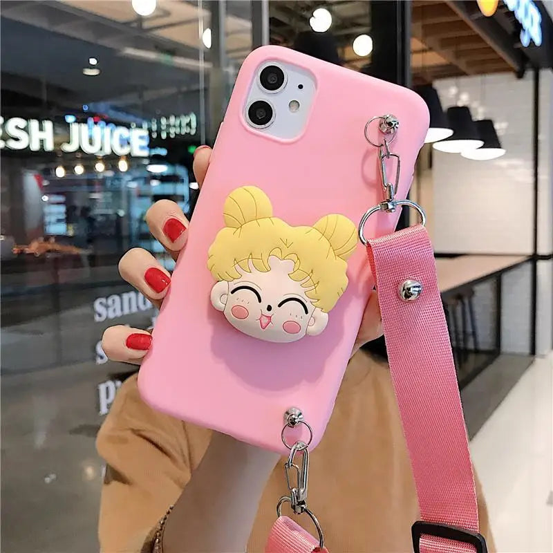 Cartoon Stand Holder Phone Case with Crossbody Necklace Strap