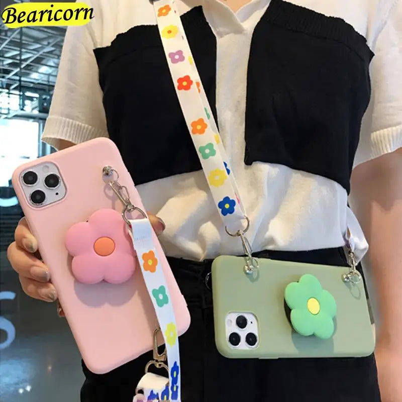 Cartoon Stand Holder Phone Case with Crossbody Necklace Strap