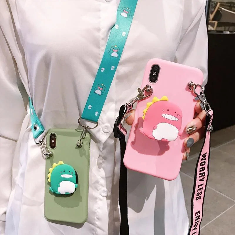 Cartoon Stand Holder Phone Case with Crossbody Necklace Strap