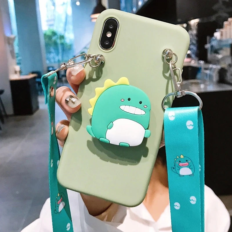 Cartoon Stand Holder Phone Case with Crossbody Necklace Strap