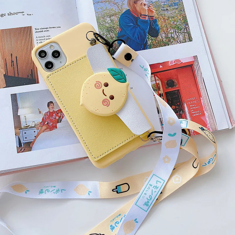 Cartoon Leather Wallet case with Crossbody Necklace Strap