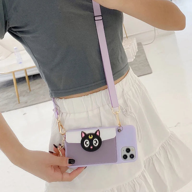 Cartoon Leather Wallet case with Crossbody Necklace Strap