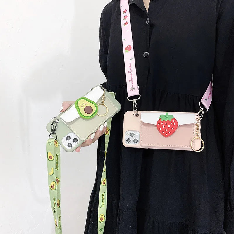 Cartoon Leather Wallet case with Crossbody Necklace Strap